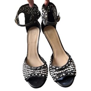 J.Crew Woven Ankle Strap‎ Wedge Heels Black White Peep Toe Shoes size 8.5